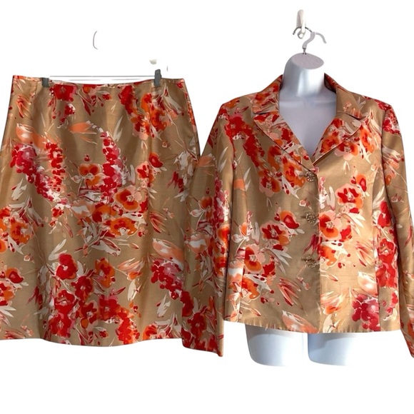 Le Suit Women Polyester Skirt Suit Beige Floral Cocktail 2PC - Picture 1 of 9